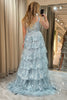 Load image into Gallery viewer, Sparkly Silver Tiered A-Line Long Formal Dress with Lace