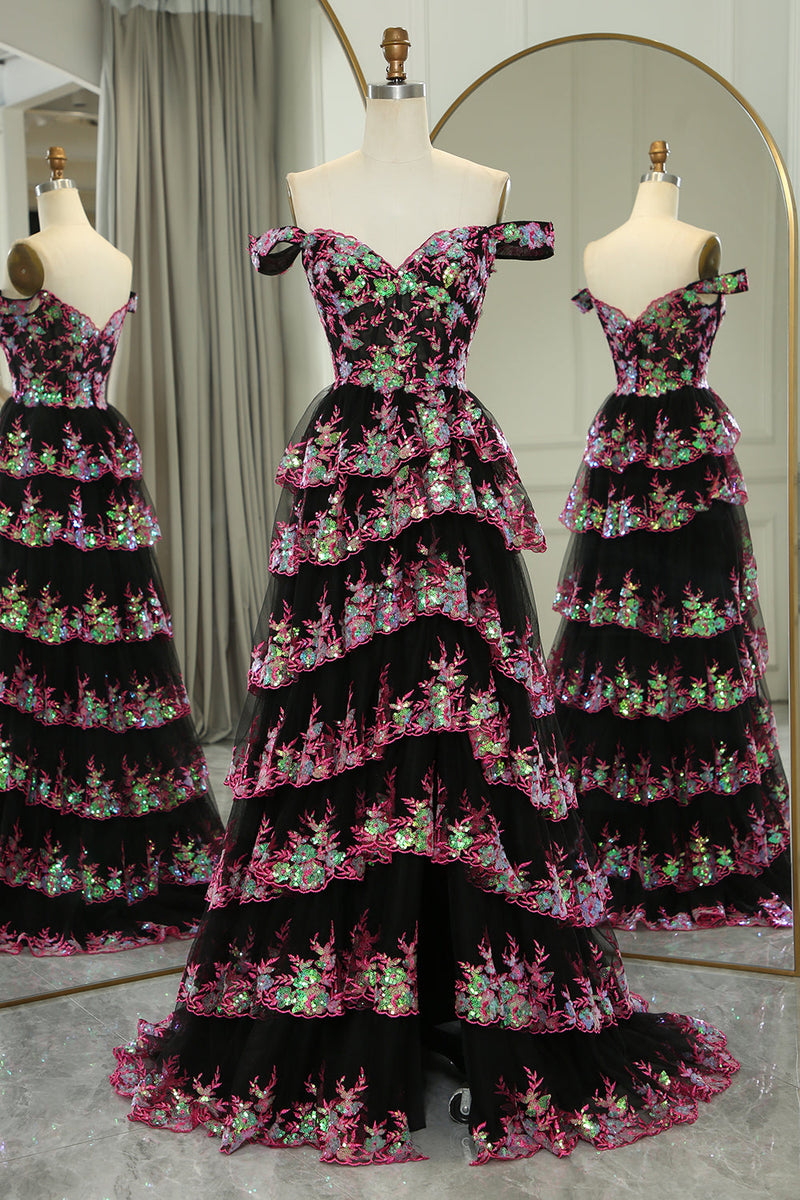 Load image into Gallery viewer, Glitter Black Pink A-Line Tiered Long Formal Dress With Lace