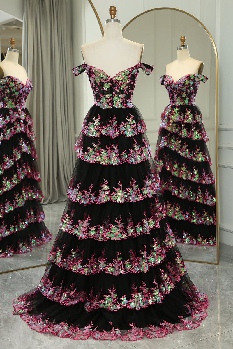 Load image into Gallery viewer, Glitter Black Pink A-Line Tiered Long Formal Dress With Lace