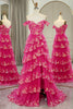 Load image into Gallery viewer, Glitter Fuchsia A Line Long Tiered Corset Prom Dress With Lace