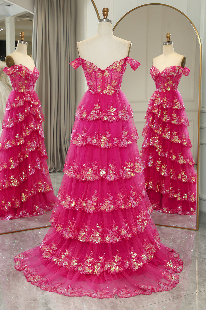 Load image into Gallery viewer, Glitter Fuchsia A Line Long Tiered Corset Prom Dress With Lace