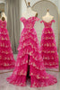 Load image into Gallery viewer, Glitter Fuchsia A Line Long Tiered Corset Prom Dress With Lace