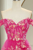 Load image into Gallery viewer, Glitter Fuchsia A Line Long Tiered Corset Prom Dress With Lace