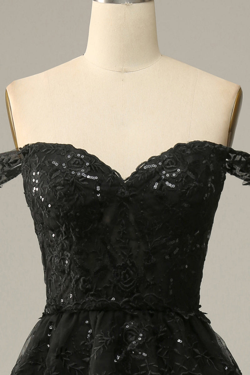 Load image into Gallery viewer, Sparkly Black Off The Shoulder Tiered Corset Formal Dress