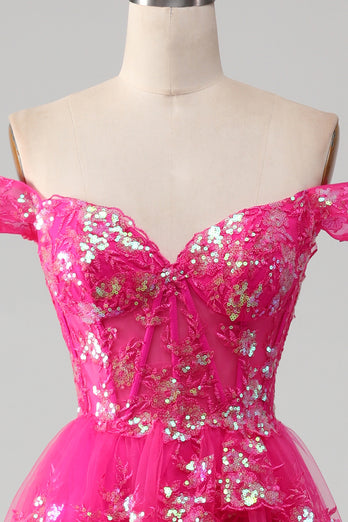 Off The Shoulder Fuchsia Prom Dress with Sequins