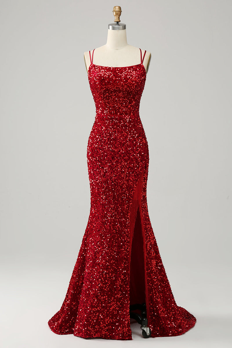 Load image into Gallery viewer, Red Sparkly Mermaid Backless Long Formal Dress with Fringes