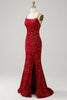 Load image into Gallery viewer, Red Sparkly Mermaid Backless Long Formal Dress with Fringes