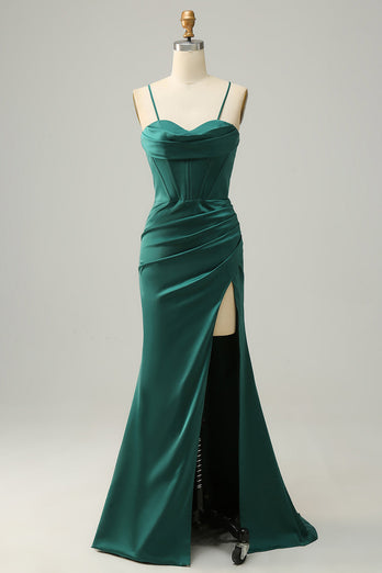 Spaghetti Straps Dark Green Satin Corset Formal Dress