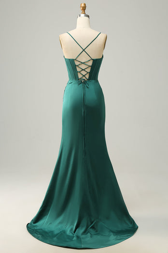 Spaghetti Straps Dark Green Satin Corset Formal Dress