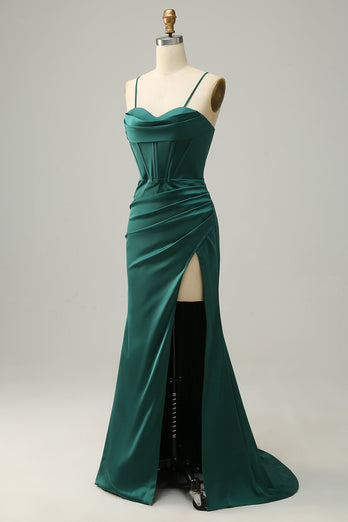 Spaghetti Straps Dark Green Satin Corset Formal Dress