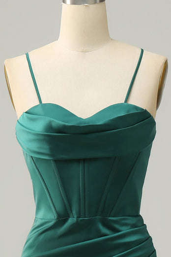 Spaghetti Straps Dark Green Satin Corset Formal Dress