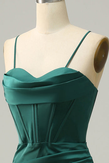 Spaghetti Straps Dark Green Satin Corset Formal Dress