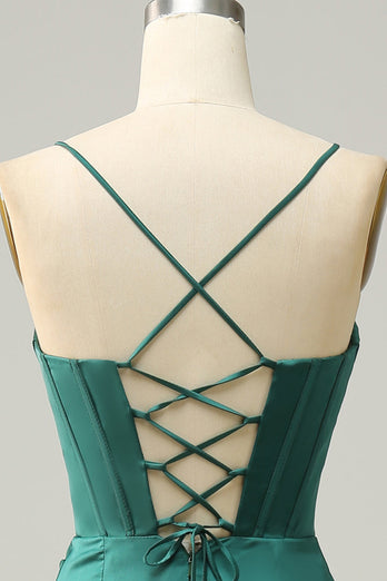 Spaghetti Straps Dark Green Satin Corset Formal Dress