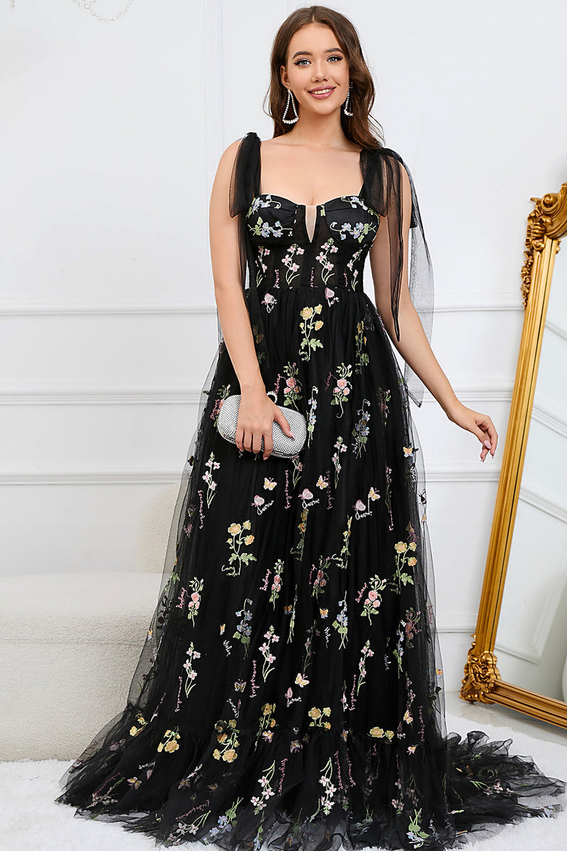 Load image into Gallery viewer, A-Line Tulle Spaghetti Straps Black Long Formal Dress with Embroidery