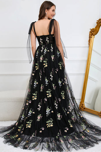 A-Line Tulle Spaghetti Straps Black Long Formal Dress with Embroidery