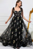Load image into Gallery viewer, A-Line Tulle Spaghetti Straps Black Long Formal Dress with Embroidery