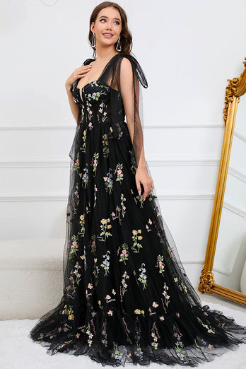 A-Line Tulle Spaghetti Straps Black Long Formal Dress with Embroidery
