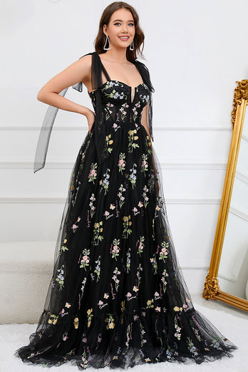 A-Line Tulle Spaghetti Straps Black Long Formal Dress with Embroidery