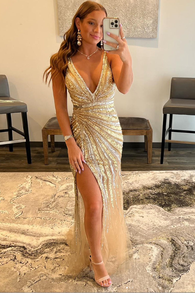 Load image into Gallery viewer, Sparkly Golden V-Neck Sequins Long Formal Dress