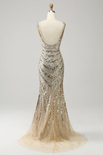 Sparkly Golden V-Neck Sequins Long Formal Dress