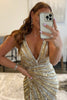 Load image into Gallery viewer, Sparkly Golden V-Neck Sequins Long Formal Dress