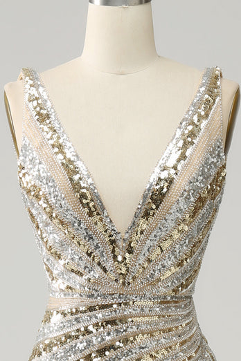 Sparkly Golden V-Neck Sequins Long Formal Dress