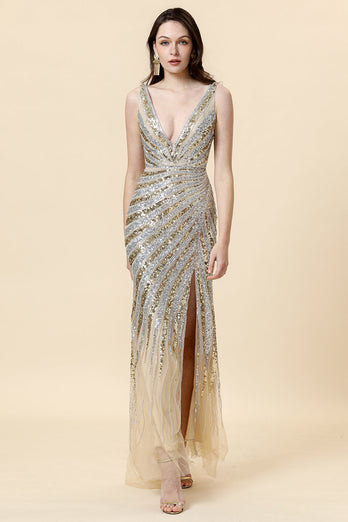 Sheath Deep V Neck Golden Beaded Evening Wear with Slit