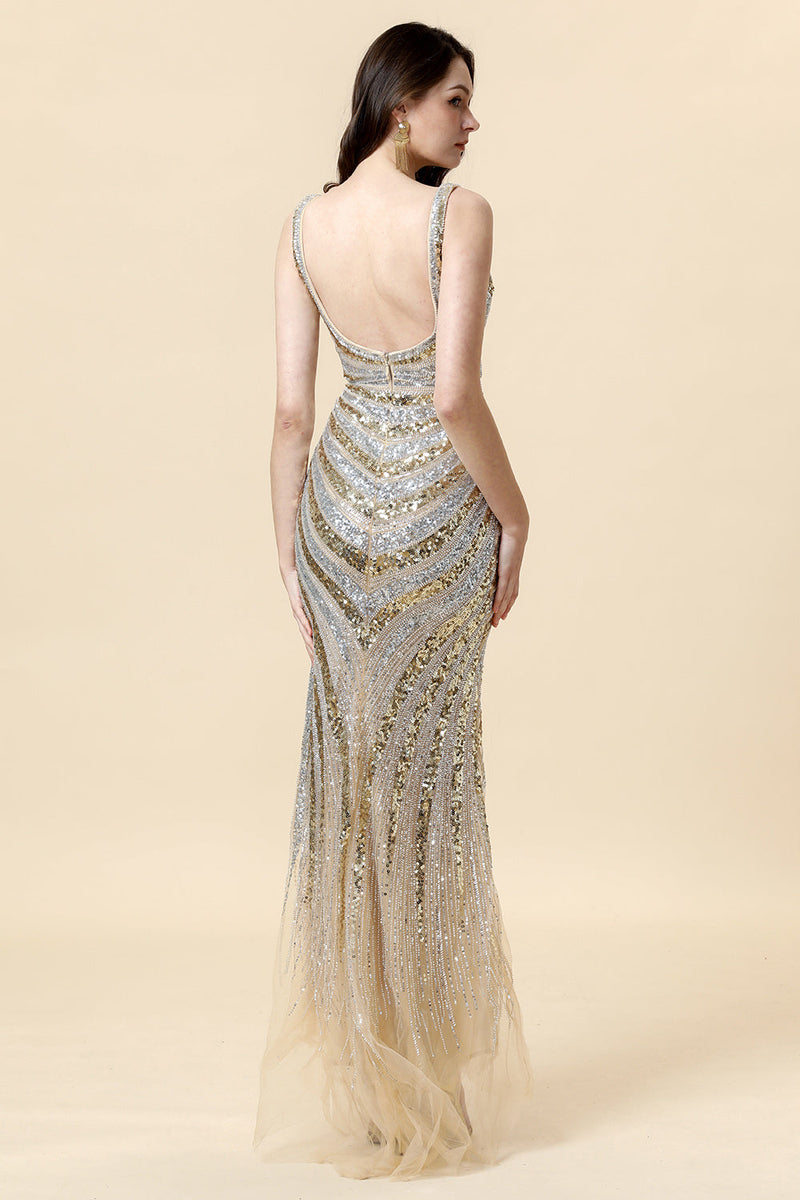 Load image into Gallery viewer, Sheath Deep V Neck Golden Beaded Evening Wear with Slit