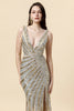 Load image into Gallery viewer, Sheath Deep V Neck Golden Beaded Evening Wear with Slit