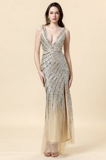 Sheath Deep V Neck Golden Beaded Evening Wear with Slit