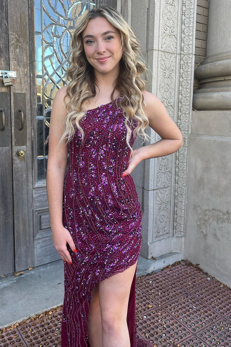 Load image into Gallery viewer, Sparkly Dark Purple Sequins Long Formal Dress with Slit