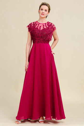 Burgundy A-Line Chiffon Mother of the Bride Dress with Lace