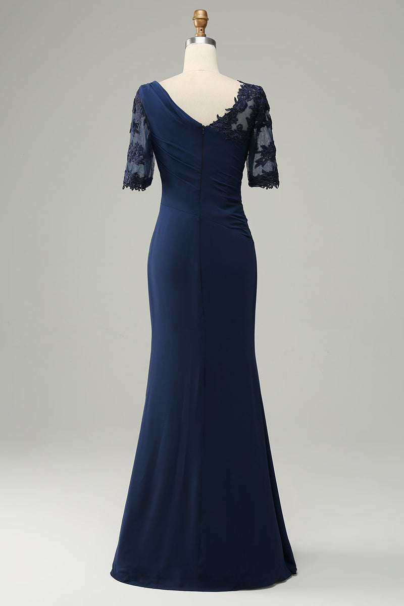 Load image into Gallery viewer, Navy Sheath Mother of Bride Dress with Appliques