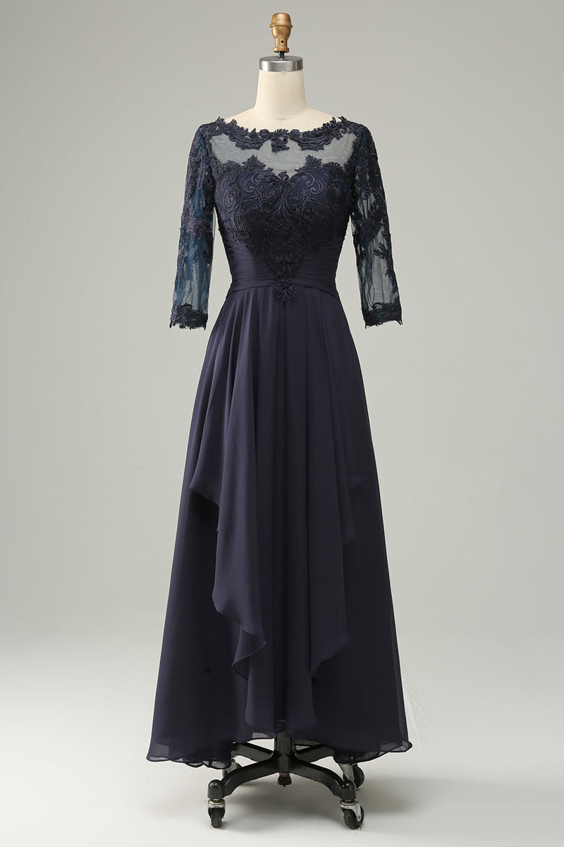 Load image into Gallery viewer, Asymmetrical Navy Mother of Bride Dress with Long Sleeves