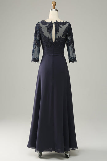 Asymmetrical Navy Mother of Bride Dress with Long Sleeves