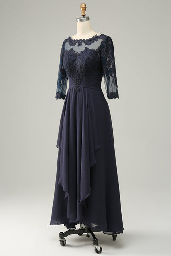 Asymmetrical Navy Mother of Bride Dress with Long Sleeves