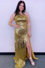 Load image into Gallery viewer, Sparkly Golden Sequins One Shoulder Long Formal Dress with Slit