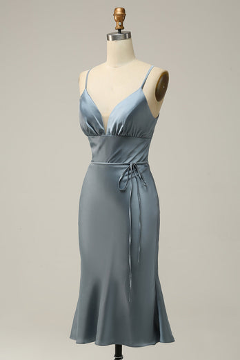 Spaghetti Straps Satin Blue Bridesmaid Dress