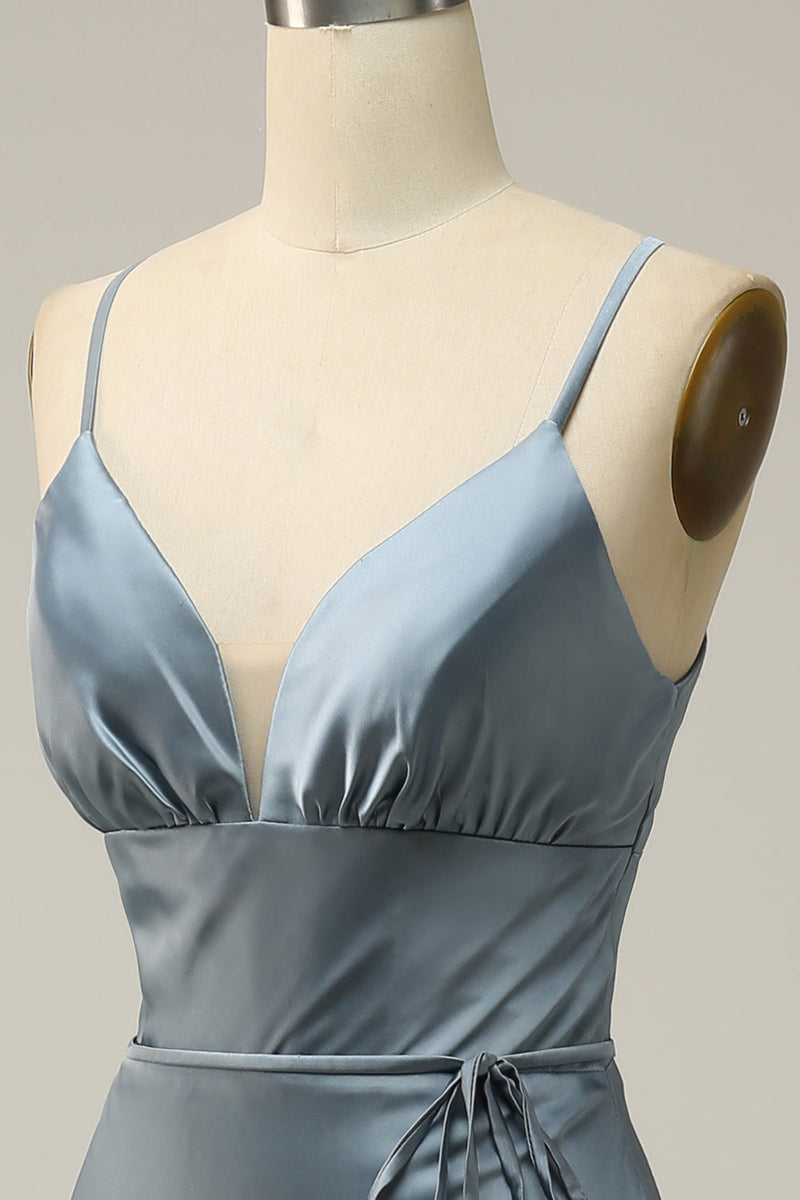 Load image into Gallery viewer, Spaghetti Straps Satin Blue Bridesmaid Dress