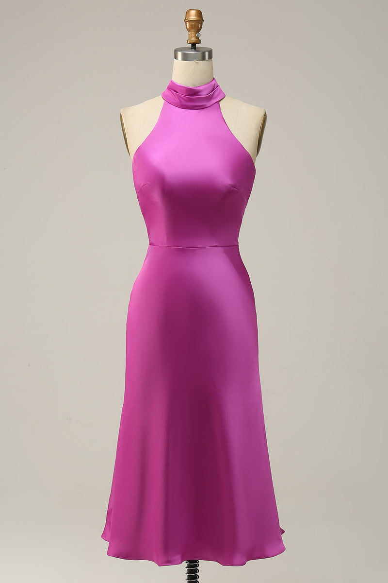 Load image into Gallery viewer, Halter Satin Fuchsia Bridesmaid Dress