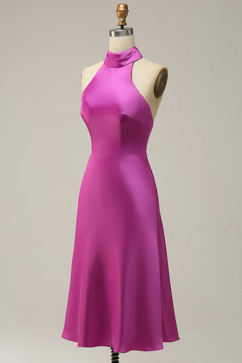 Halter Satin Fuchsia Bridesmaid Dress