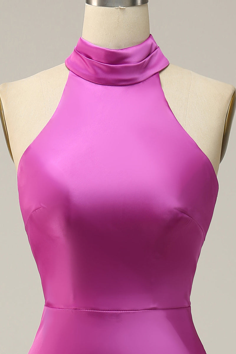 Load image into Gallery viewer, Halter Satin Fuchsia Bridesmaid Dress