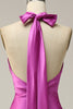 Load image into Gallery viewer, Halter Satin Fuchsia Bridesmaid Dress