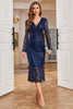 Load image into Gallery viewer, Navy Sparkly V-Neck Long Formal Dress with Long Sleeves