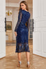 Load image into Gallery viewer, Navy Sparkly V-Neck Long Formal Dress with Long Sleeves