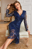 Load image into Gallery viewer, Navy Sparkly V-Neck Long Formal Dress with Long Sleeves