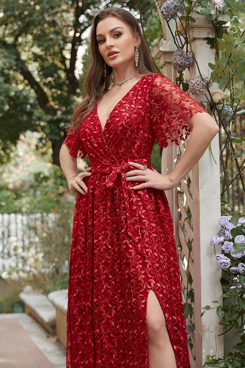 Load image into Gallery viewer, A Line V Neck Red Long Bridesmaid Dress with Embroidery