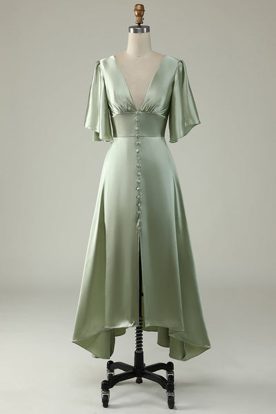 Satin Deep V-Neck Light Green Long Formal Dress with Button