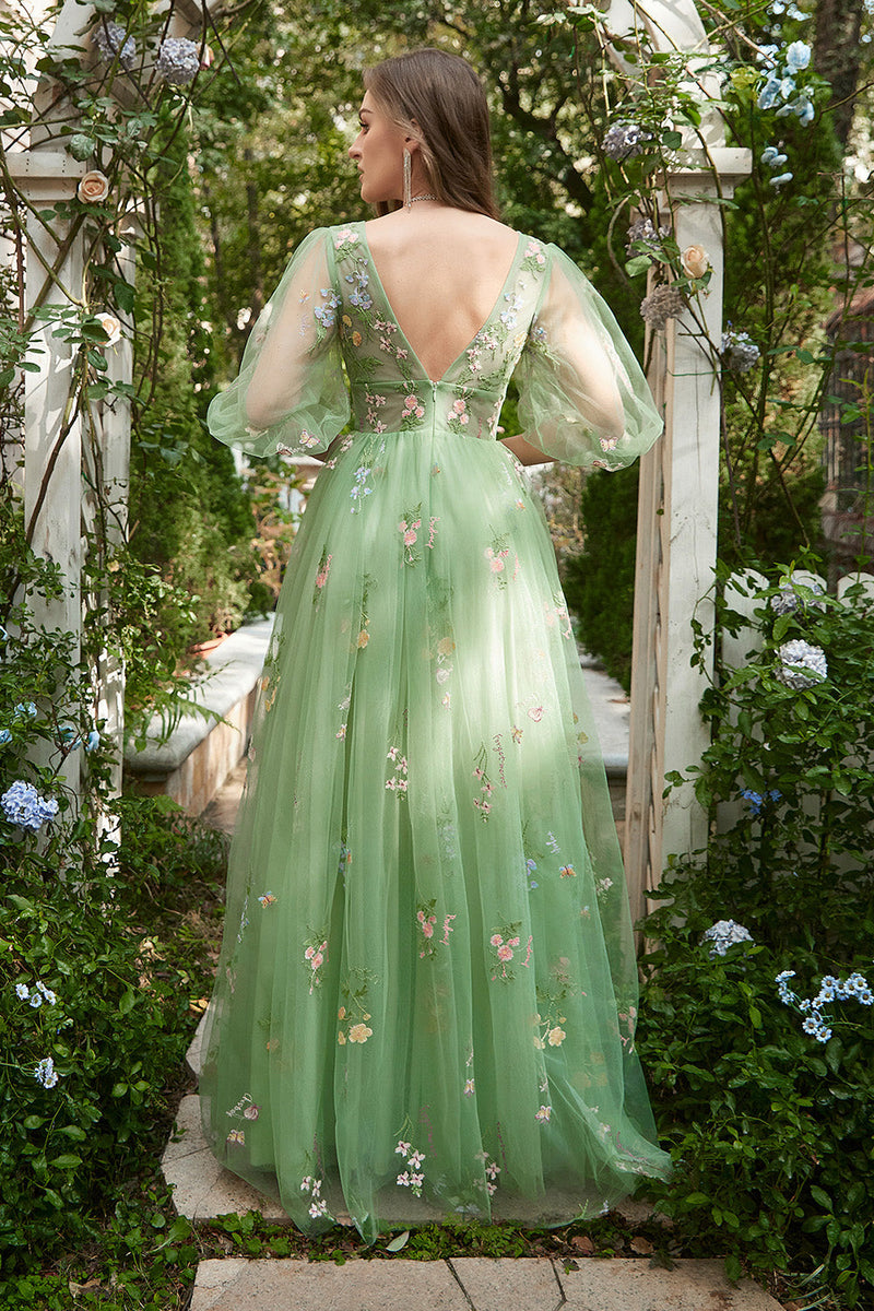 Load image into Gallery viewer, A-Line V-Neck Embroidery Green Long Formal Dress with Short Sleeves