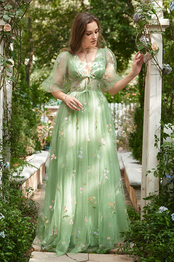 A-Line V-Neck Embroidery Green Long Formal Dress with Short Sleeves